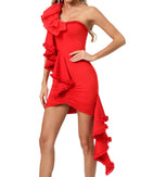 Azhira One Shoulder Ruffle Mini Dress In Red