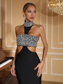Icephor Halter Crystal Bustier Maxi Dress In Black