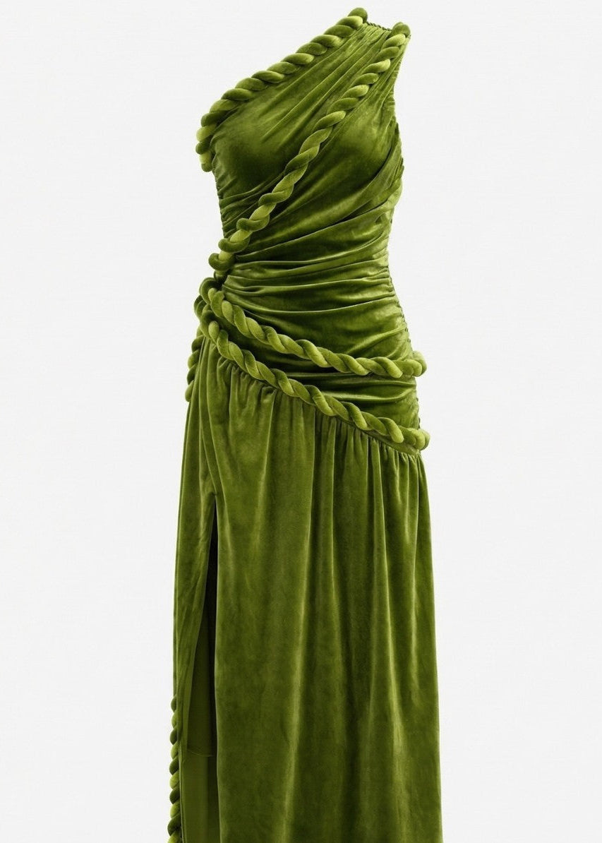 Braewyn One Shoulder Maxi Velvet Dress In Green