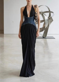 Chyna Halter Denim Insert Maxi Dress In Black