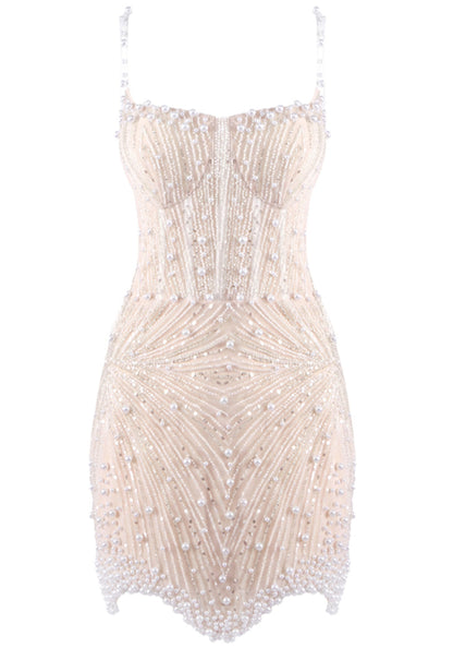 Jyrion Pearl Embellished Mini Dress Nude