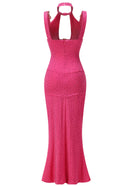 Olythar Halter Crystal Ruched Maxi Dress In Hot Pink
