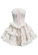 Lenker Strapless Floral Ruffle Corset Dress White In Pink