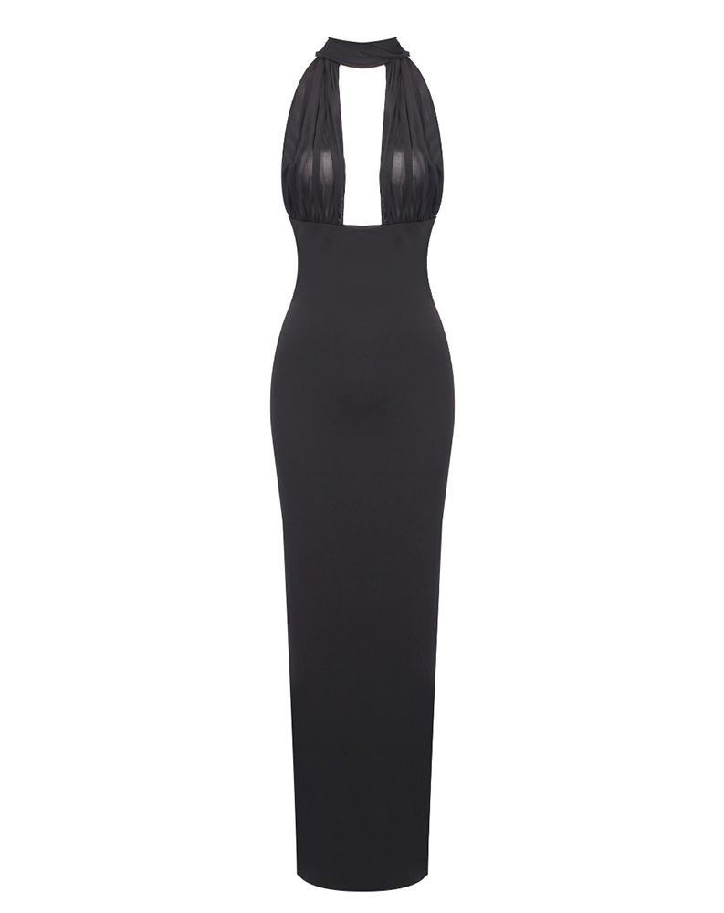 Kehlani Sheer Mesh Upper Ponte Lower Maxi Dress In Black