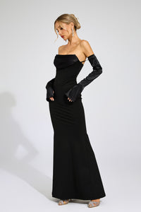 Radka Long Sleeve Strapless Draped Maxi Dress In Black