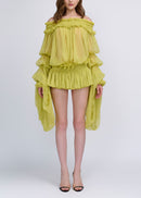 Cemach Off Shoulder Ruched Dress Set In Chartreuse
