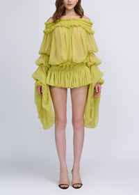 Cemach Off Shoulder Ruched Dress Set In Chartreuse