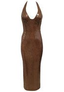 Uryxan Halter Sequin Bustier Maxi Dress In Brown