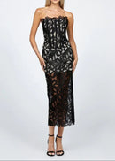 Avena Strapless Floral Corset Midi Dress In Black