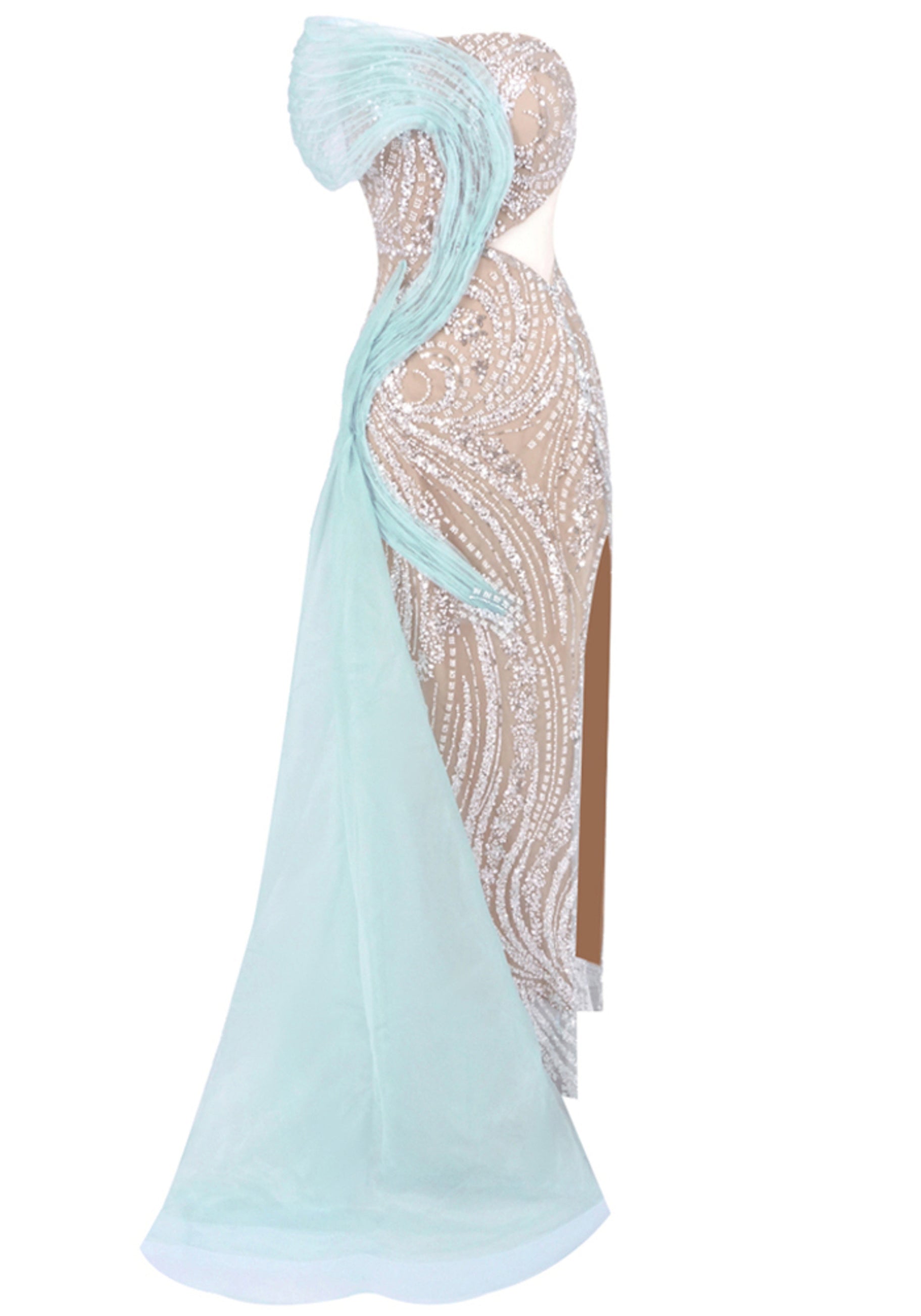 Cyrix Strapless Draped Crystal Maxi Dress In Green