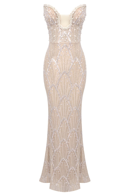 Taton Strapless Pearl Sequin Bustier Maxi Dress In Nude