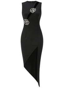 Pancho Crystal Floral Asymmetric Maxi Dress In Black