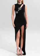 Pancho Crystal Floral Asymmetric Maxi Dress In Black