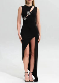 Pancho Crystal Floral Asymmetric Maxi Dress In Black