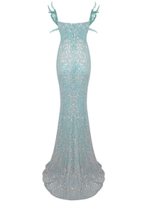 Brynthia Strapless Feather Corset Sequin Maxi Dress In Green