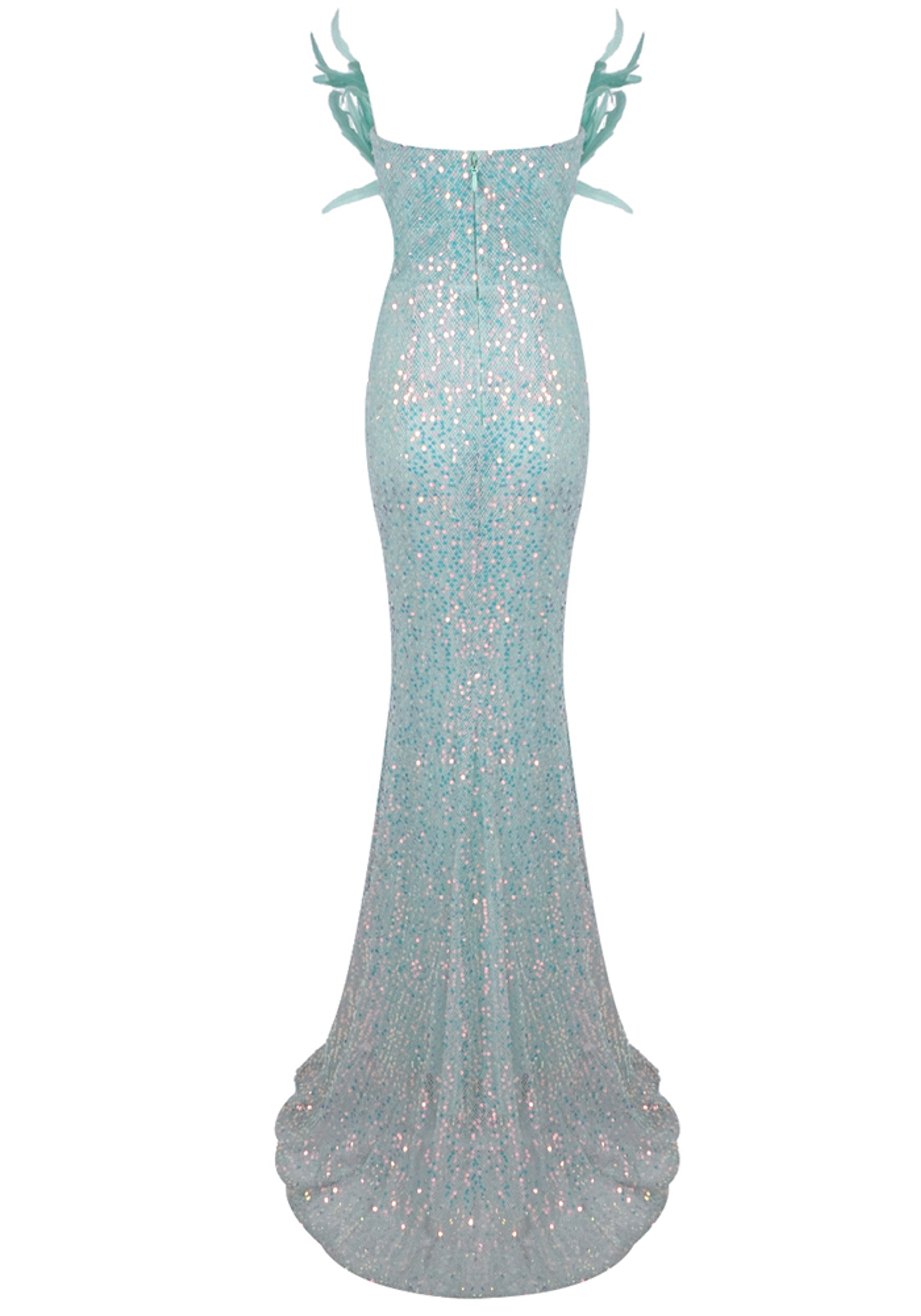 Brynthia Strapless Feather Corset Sequin Maxi Dress In Green