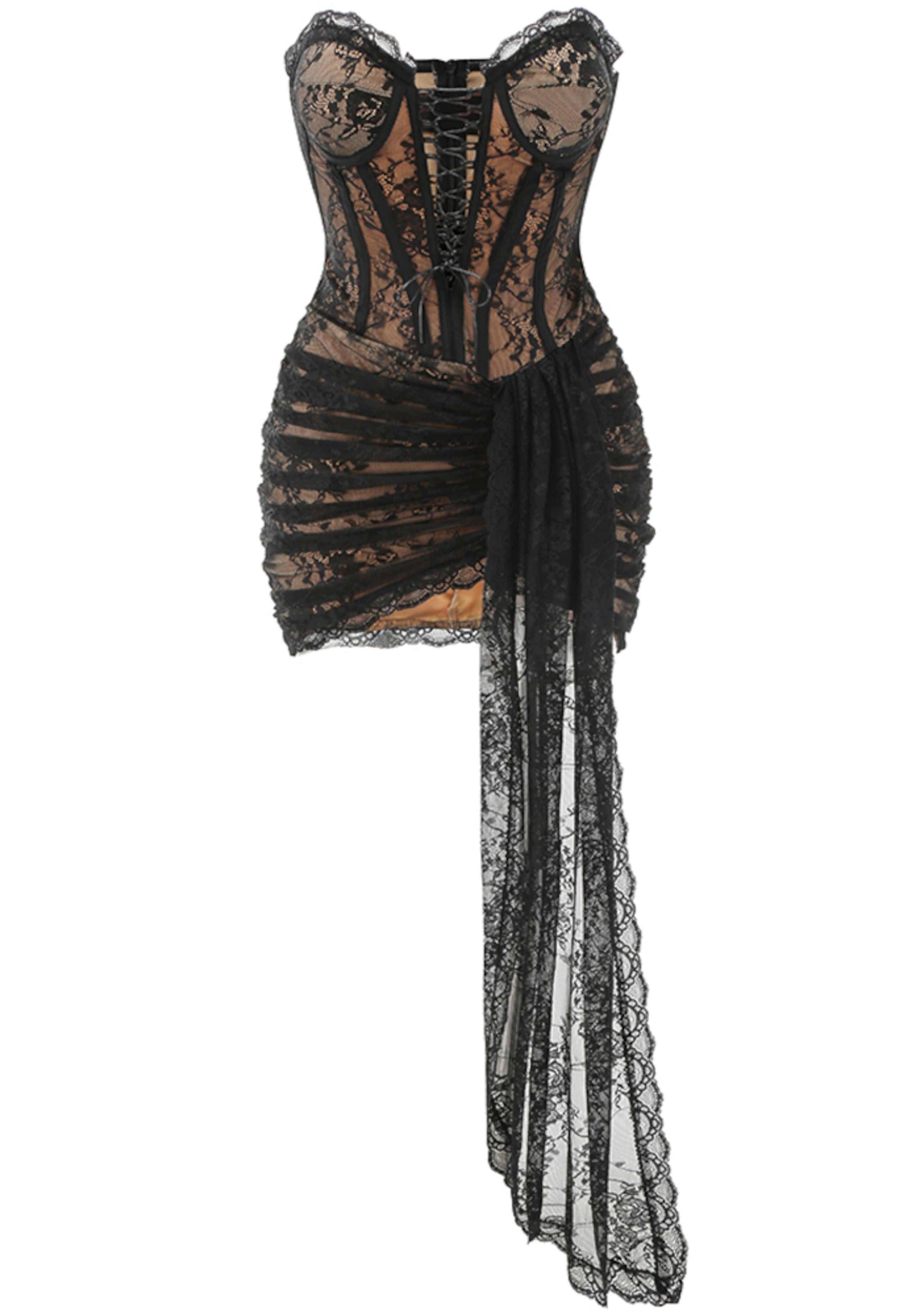 Lyvrik Strapless Draped Lace Corset Mini Dress In Black