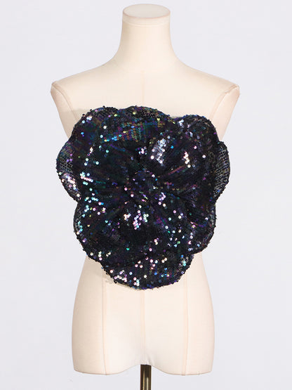 Aniceta Sequin Flower Crop Top In Navy Blue