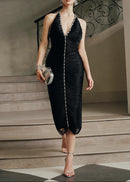 Rogue Halter Crystal Tassel Midi Dress In Black