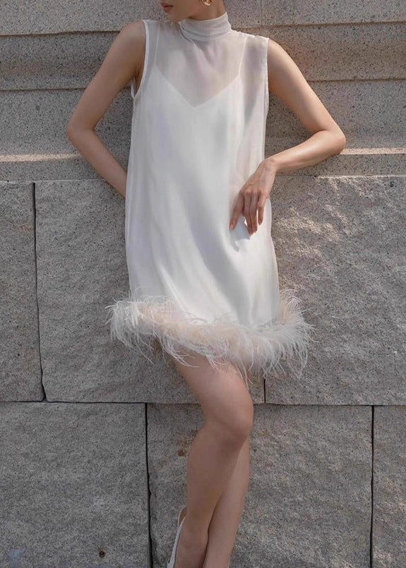Anastasia White Feather Trim Mini Dress