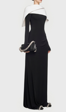 Rabia Draped Asymmetric Shoulder Pleated Maxi Dress In Black