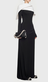 Rabia Draped Asymmetric Shoulder Pleated Maxi Dress In Black