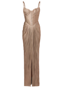 Katherine Gold Glossy Pleated Corset Maxi Dress