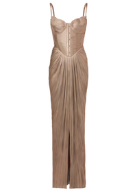 Katherine Gold Glossy Pleated Corset Maxi Dress
