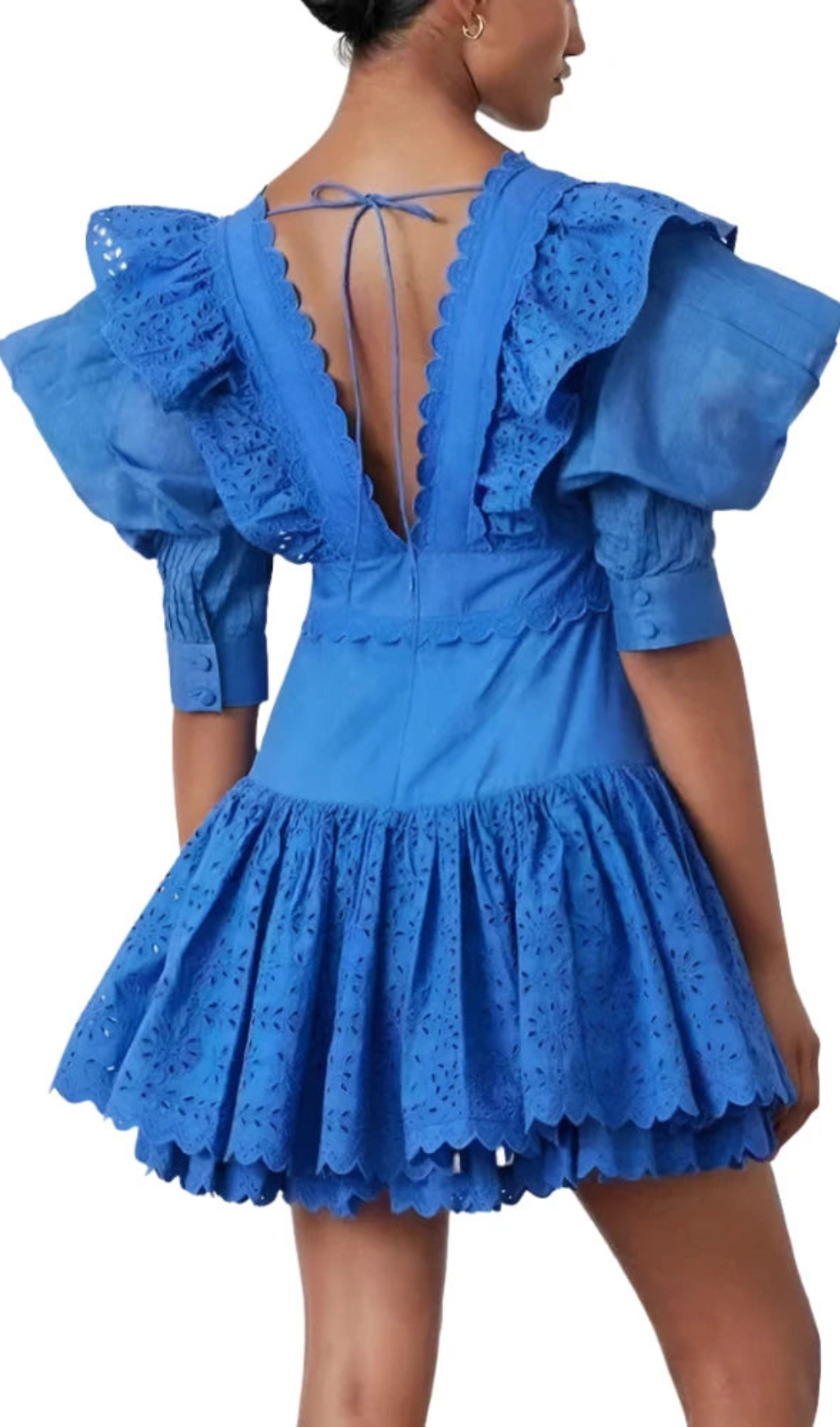 Makoto V-Neck Embroidered Ruffled Mini Dress In Blue