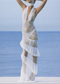 Rohak Halter Ruched Ruffle Maxi Dress In White