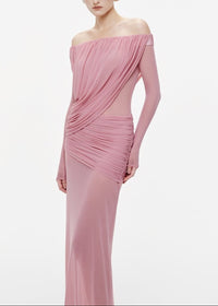 Cryxel Off-Shoulder Draped Mesh Maxi Dress In Pink