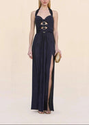 Saelyvira Halter Cutout Detail A Line Maxi Dress In Navy Blue