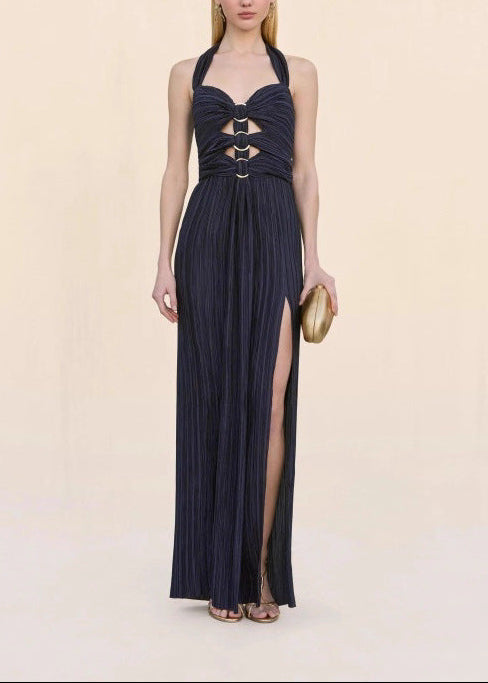 Saelyvira Halter Cutout Detail A Line Maxi Dress In Navy Blue