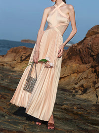 Azhrik Halter Pleated Maxi Dress In Peach Pink