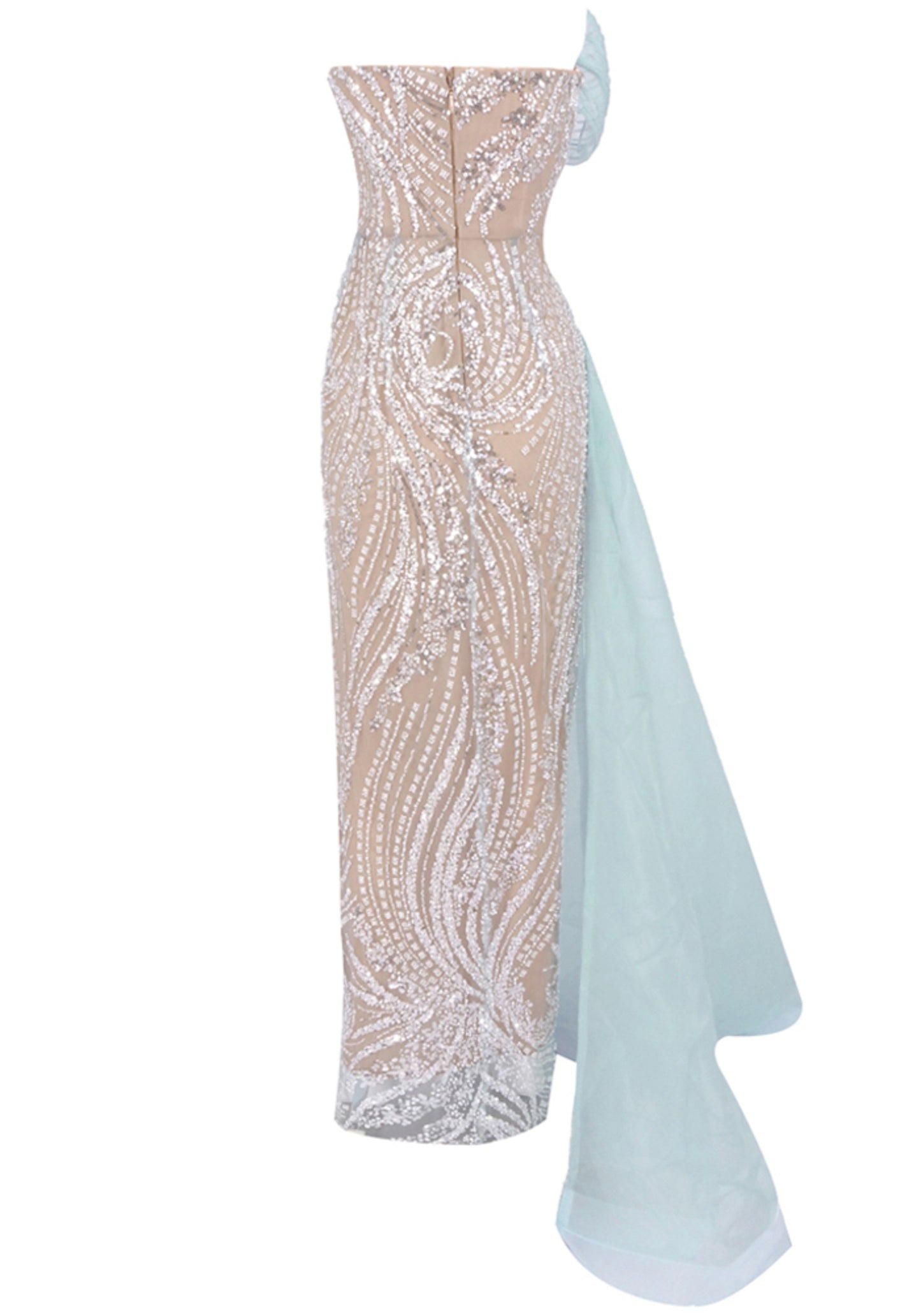 Cyrix Strapless Draped Crystal Maxi Dress In Green