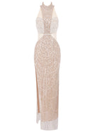 Cyndriel Halter Pearl Sequin Maxi Dress In Nude