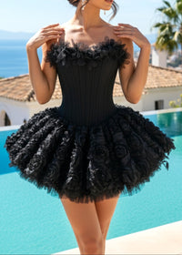 Lizzie Strapless Petal Floral Corset A Line Mini Dress In Black