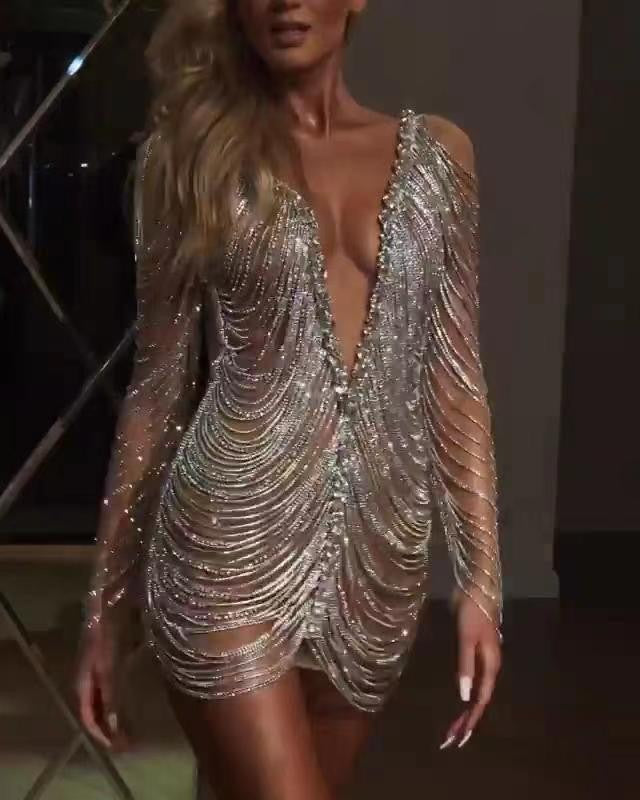 Insley Plunge Mesh Tassel Mini Dress