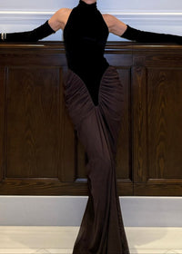 Aithley Halter Draped Maxi Velvet Dress In Black Brown