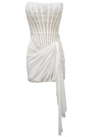 Ozvara Strapless Pearl Draped Corset Dress In White