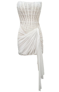 Ozvara Strapless Pearl Draped Corset Dress In White