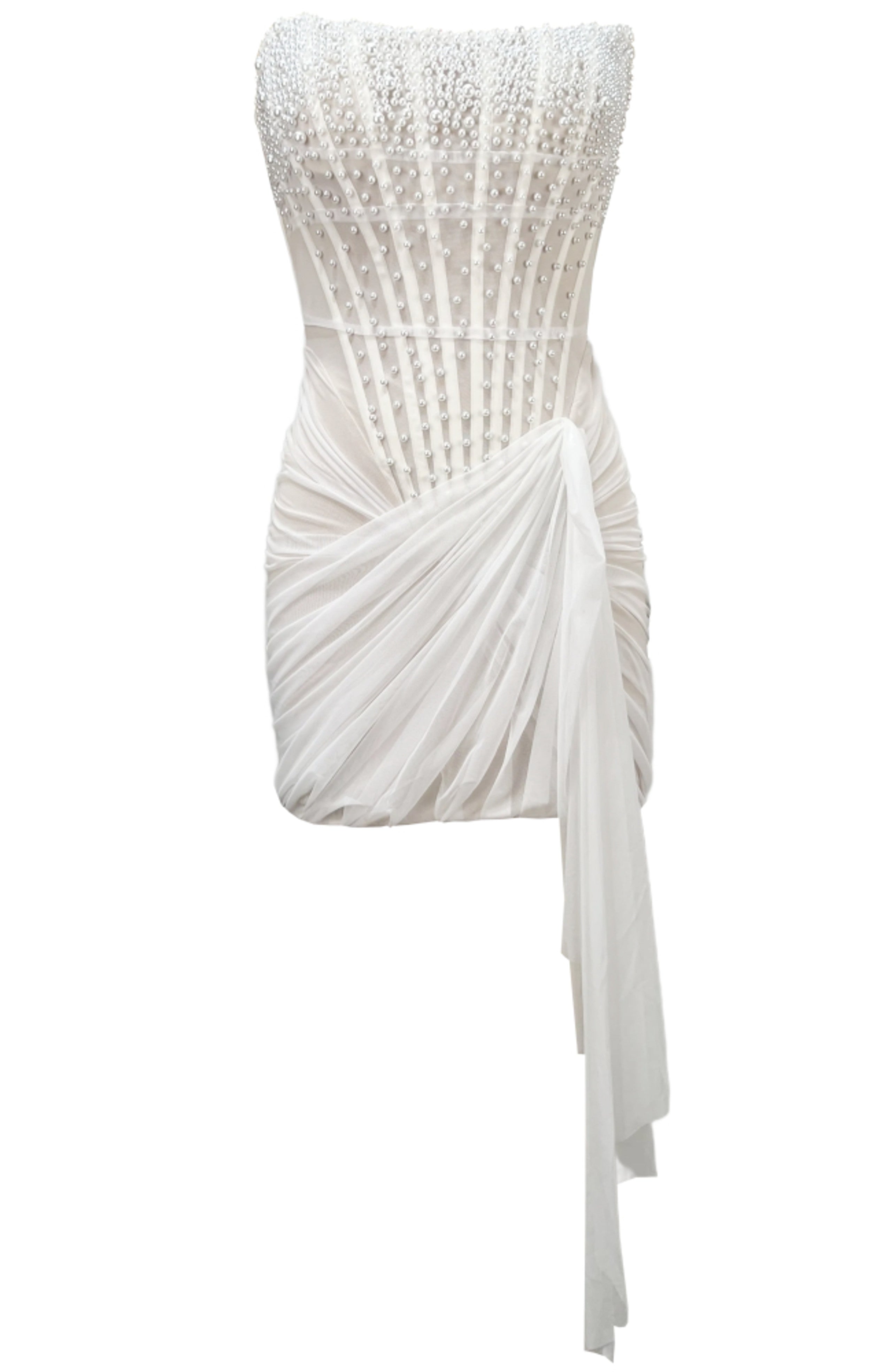 Ozvara Strapless Pearl Draped Corset Dress In White