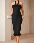 Lenah Halter Mesh Ruffle Midi Dress In Black