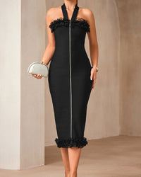 Lenah Halter Mesh Ruffle Midi Dress In Black