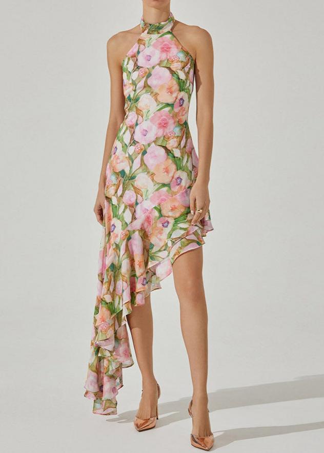 Isidore Asymmetric Floral Halter Midi Dress In Pink Green