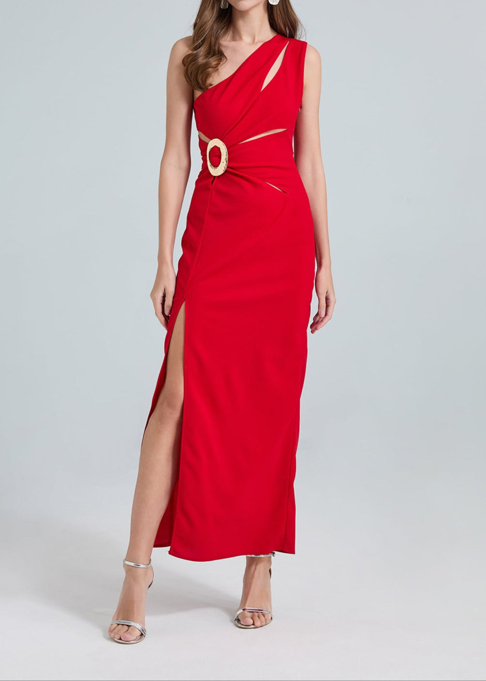 Nebraska One-Shoulder Cutout Side Slit Maxi Dress In Red