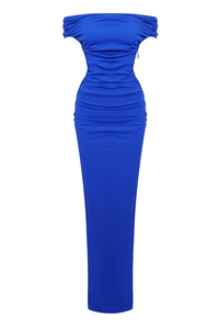 Cupid Slash Neck Pleated Maxi Dress In Blue