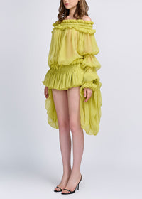 Cemach Off Shoulder Ruched Dress Set In Chartreuse