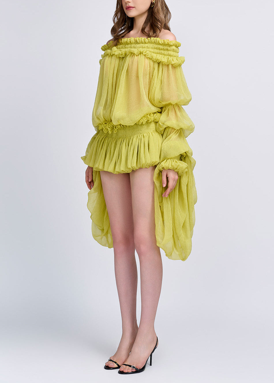 Cemach Off Shoulder Ruched Dress Set In Chartreuse