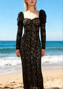 Farhad Puff Long Sleeve Lace Maxi Dress In Black